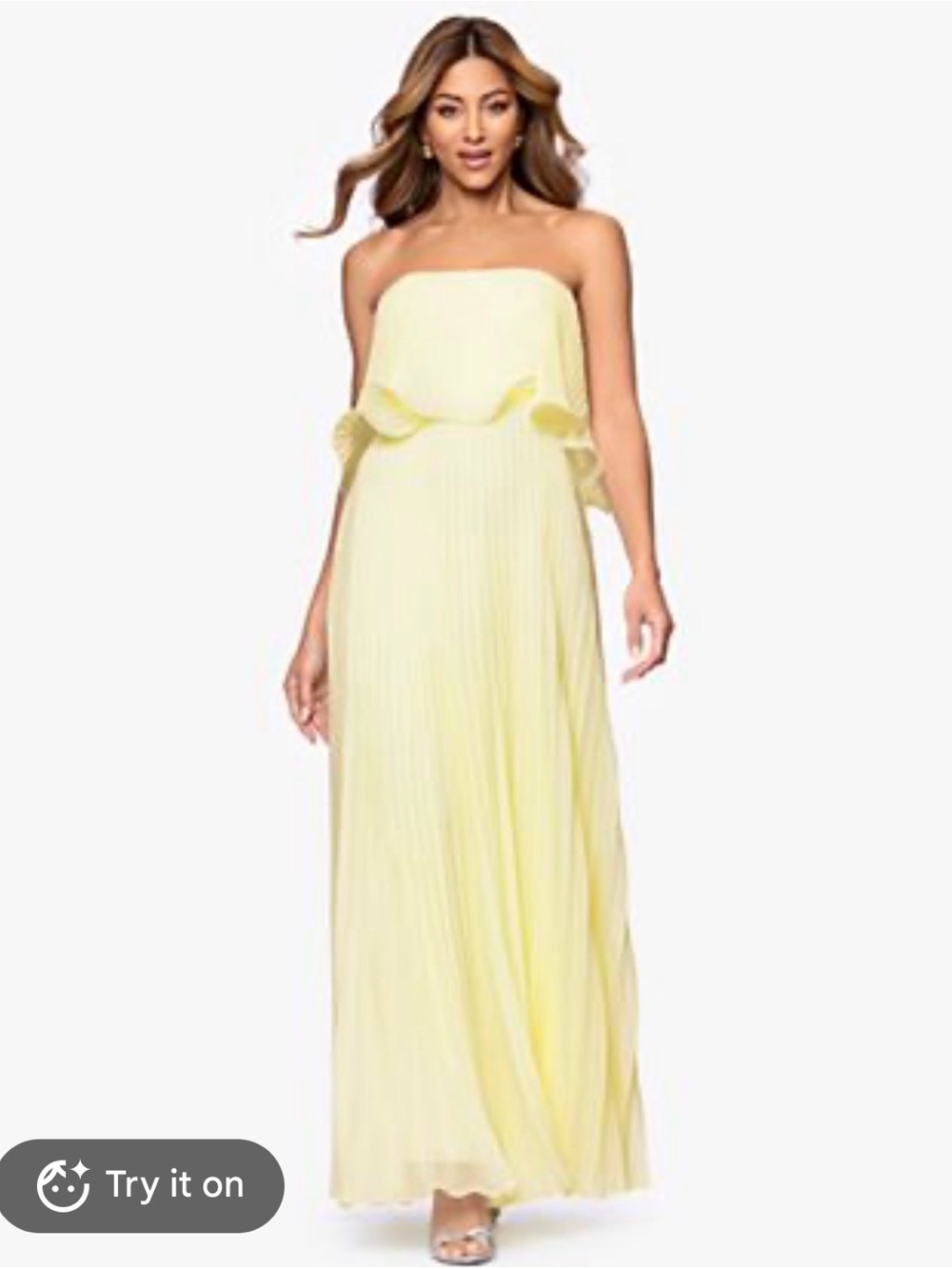 Betsy & Adam Strapless Pleated Maxi Dress in Pale Yellow